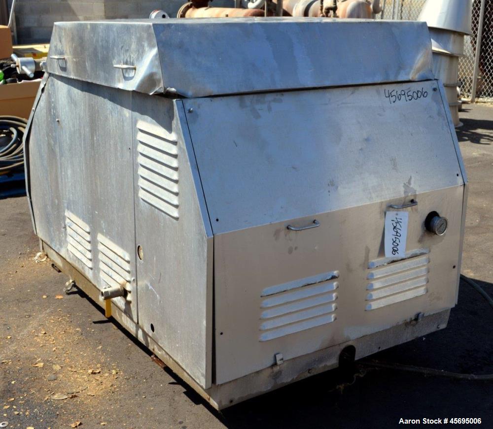 Used Gaulin Homogenizer, 304 Stainless Steel. Single stage valve assembly, 3 pistons. Driven by an approximate 50 hp motor (no tag). Head stamped with #s HT308029 & PT927857 OR. No manufactures tag w...