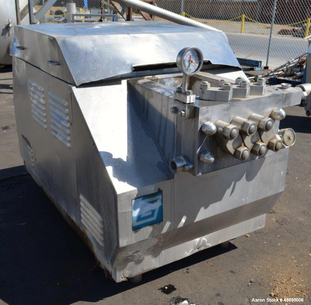 Used- Gaulin Homogenizer, 304 Stainless Steel. Single stage valve assembly, 3 pistons. Driven by an approximate 50 hp motor ...