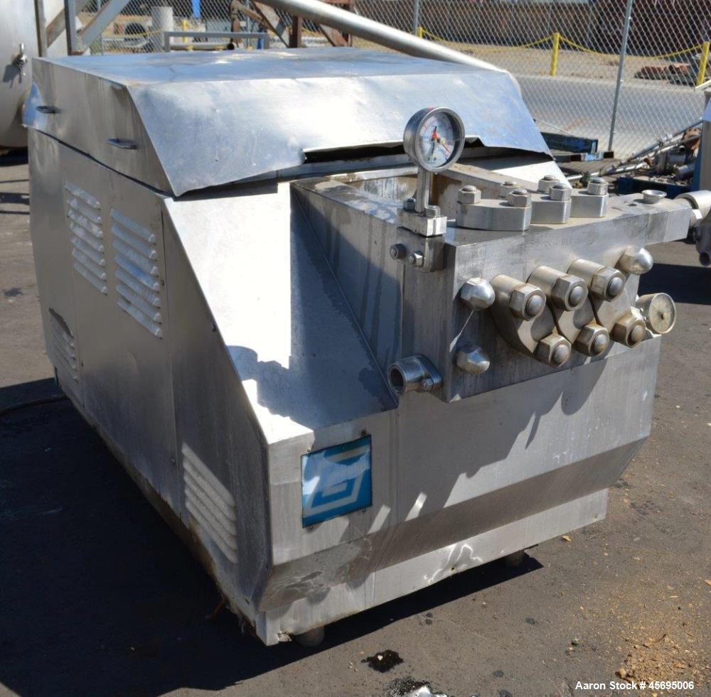 Used Gaulin Homogenizer, 304 Stainless Steel. Single stage valve assembly, 3 pistons. Driven by an approximate 50 hp motor (no tag). Head stamped with #s HT308029 & PT927857 OR. No manufactures tag w...