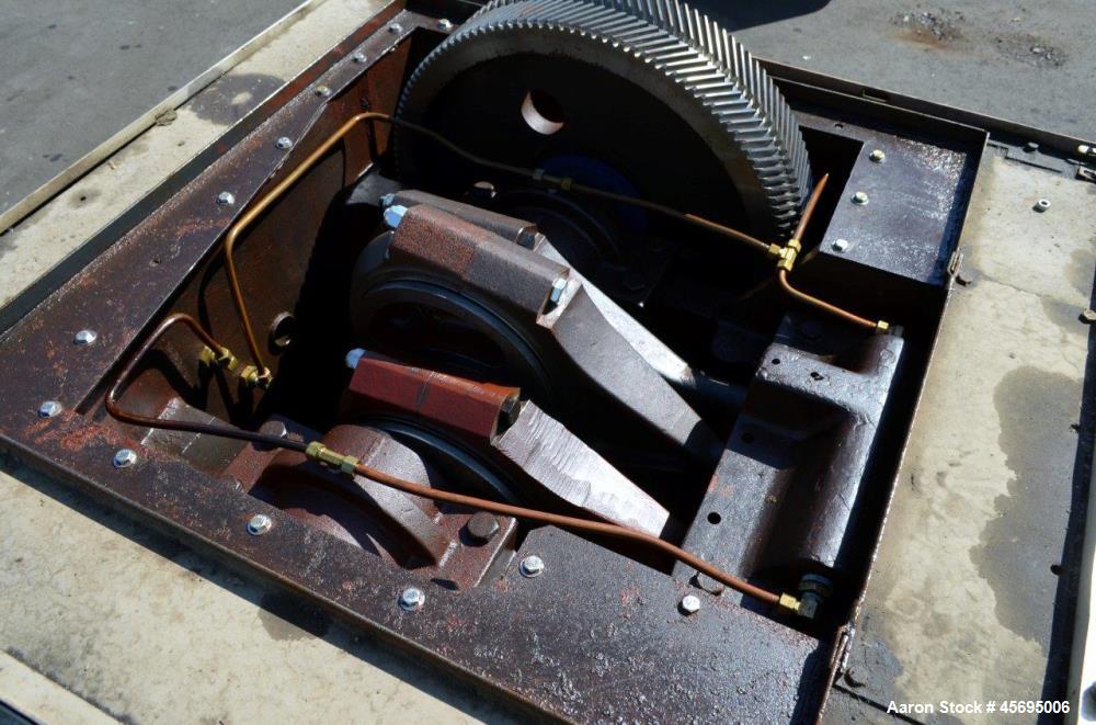 Used Gaulin Homogenizer, 304 Stainless Steel. Single stage valve assembly, 3 pistons. Driven by an approximate 50 hp motor (no tag). Head stamped with #s HT308029 & PT927857 OR. No manufactures tag w...