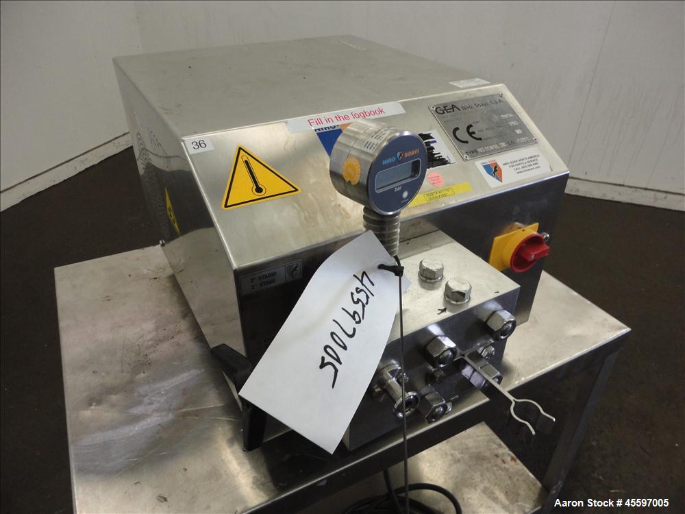 Used GEA Niro Soavi High Pressure Laboratory Homogenizer, Model NS1001L2K. 2 Stage stainless steel homogenizing valve assembly. Unit is currently set up to run as a single stage homogenizer, it is mi...