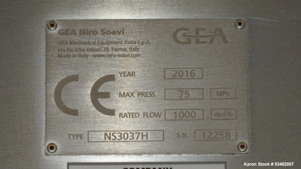 Used – GEA Niro Soavi NS3037H Homogenizer – 750 BAR, 1,000 LPH, Stainless Steel