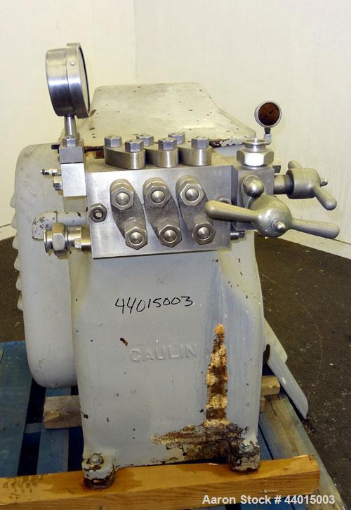 Used Manton-Gaulin Sub-Micron Disperser Homogenizer, Type 125KL3-5BS, 304 Stainless Steel.  Capacity 125 gallons per hour, 5000 psi maximum.  2 Stage homogenizing valve assembly.  Ball  valves, sprin...