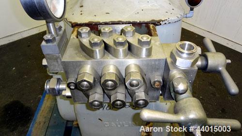 Used Manton-Gaulin Sub-Micron Disperser Homogenizer, Type 125KL3-5BS, 304 Stainless Steel.  Capacity 125 gallons per hour, 5000 psi maximum.  2 Stage homogenizing valve assembly.  Ball  valves, sprin...