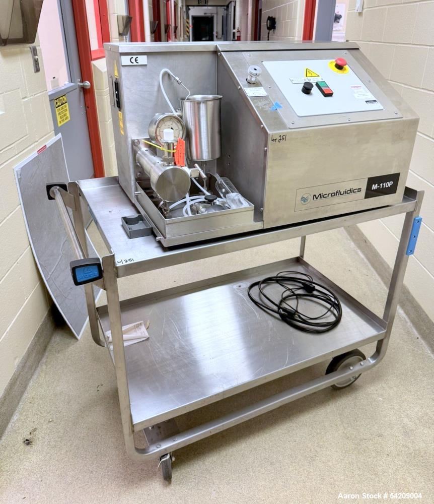 Used Microfluidics Microfluidizer Benchtop Fluid Homogenizer, Model M110P-II. Serial# 2010123, Year 2010. With stainless steel cart.