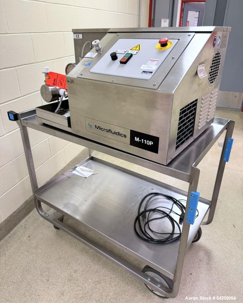 Used Microfluidics Microfluidizer Benchtop Fluid Homogenizer, Model M110P-II. Serial# 2010123, Year 2010. With stainless steel cart.