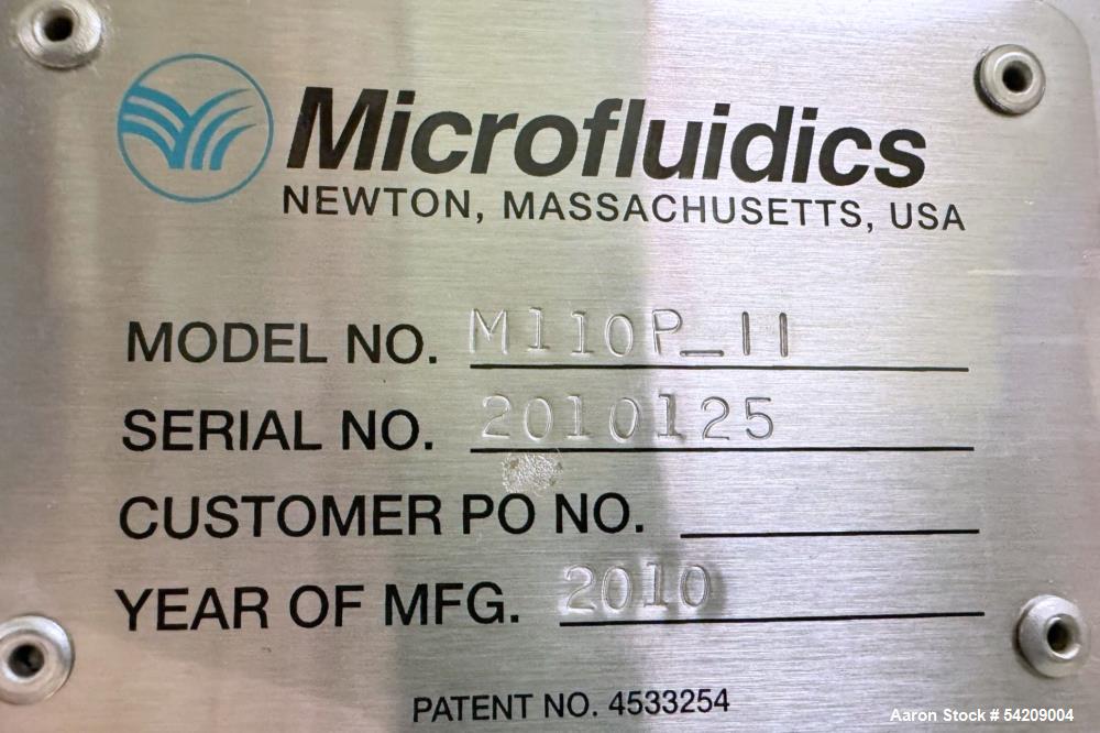 Used Microfluidics Microfluidizer Benchtop Fluid Homogenizer, Model M110P-II. Serial# 2010123, Year 2010. With stainless steel cart.