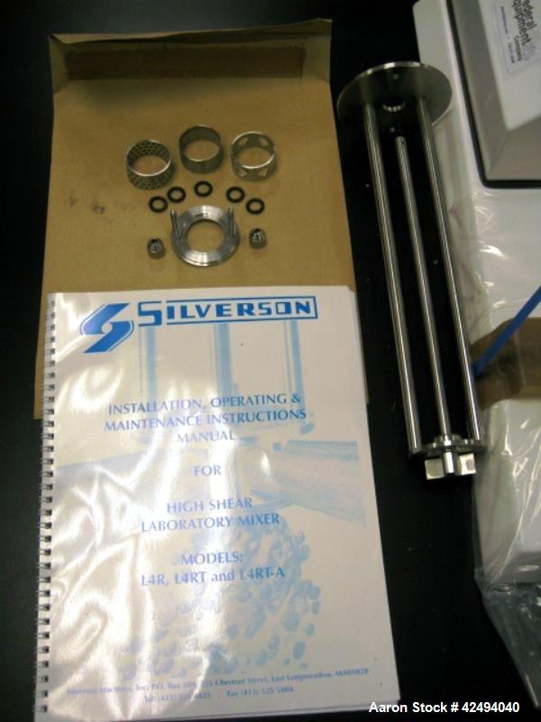 Used Silverson Homogenizer, model L4RT-A, 316L stainless steel contact surfaces with homogenizing head and change parts, 6000 RPM max speed under load, with digital tachometer, 110 V, serial # 17528