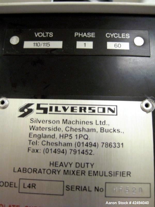 Used Silverson Homogenizer, model L4RT-A, 316L stainless steel contact surfaces with homogenizing head and change parts, 6000 RPM max speed under load, with digital tachometer, 110 V, serial # 17528