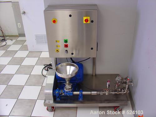 USED: Sonolator homogenizer manufactured by Sonic Corporation in September 2005. 316 stainless steel components. Processes up to 1 gallon per minute. Pressure up to 1000 psi. Moyno L2 drive end pump....