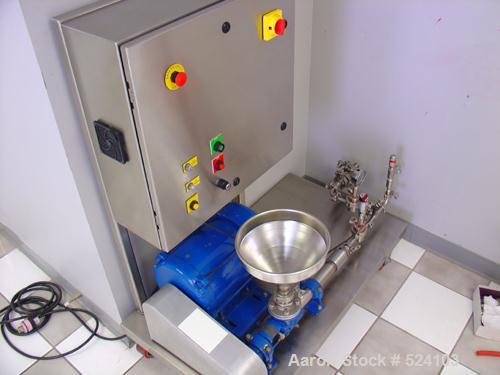 USED: Sonolator homogenizer manufactured by Sonic Corporation in September 2005. 316 stainless steel components. Processes up to 1 gallon per minute. Pressure up to 1000 psi. Moyno L2 drive end pump....