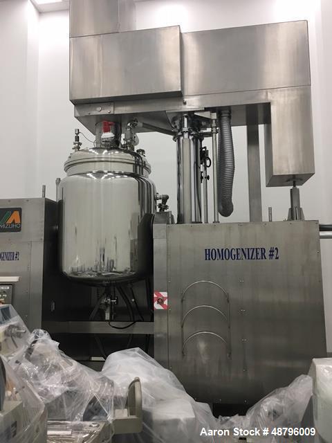 Used Mizuho Homogenizer, Model VT-1-1000. 1000 liter capacity. Includes: 3hp paddle mixer, 7.5hp scraping mixer, 30hp ultra mixer, 7.5hp oil hydraulic pump, 2hp tilting motor. 3 Phase, 480V, 60 Hz.
