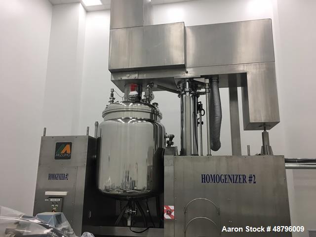 Used Mizuho Homogenizer, Model VT-1-1000. 1000 liter capacity. Includes: 3hp paddle mixer, 7.5hp scraping mixer, 30hp ultra mixer, 7.5hp oil hydraulic pump, 2hp tilting motor. 3 Phase, 480V, 60 Hz.