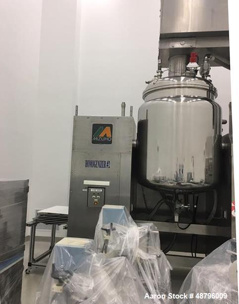 Used Mizuho Homogenizer, Model VT-1-1000. 1000 liter capacity. Includes: 3hp paddle mixer, 7.5hp scraping mixer, 30hp ultra mixer, 7.5hp oil hydraulic pump, 2hp tilting motor. 3 Phase, 480V, 60 Hz.