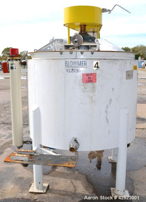 Used Blommer Chocolate Machinery Melt Tank, 350 Gallon, Carbon Steel. Approximately 52’’ diameter x 40’’ deep, flat top with a bolt on agitator bridge, and (2) 304 stainless steel 1/3 hinged covers, ...