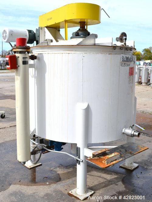 Used Blommer Chocolate Machinery Melt Tank, 350 Gallon, Carbon Steel. Approximately 52’’ diameter x 40’’ deep, flat top with a bolt on agitator bridge, and (2) 304 stainless steel 1/3 hinged covers, ...