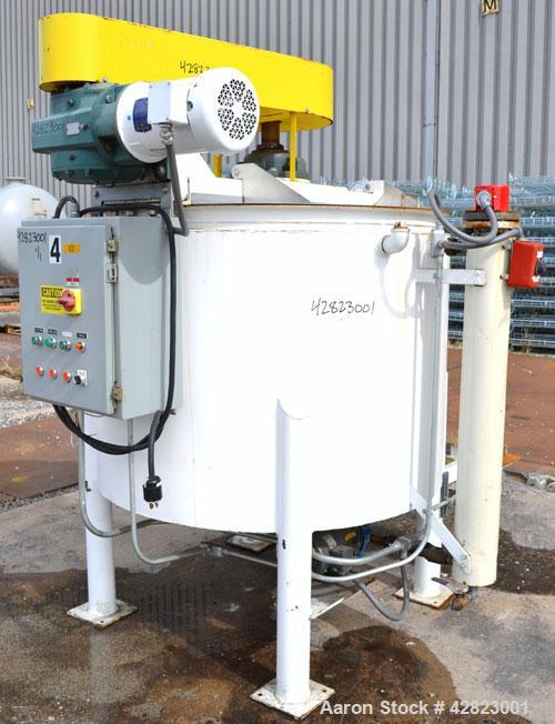 Used Blommer Chocolate Machinery Melt Tank, 350 Gallon, Carbon Steel. Approximately 52’’ diameter x 40’’ deep, flat top with a bolt on agitator bridge, and (2) 304 stainless steel 1/3 hinged covers, ...