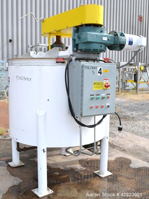 Used Blommer Chocolate Machinery Melt Tank, 350 Gallon, Carbon Steel. Approximately 52’’ diameter x 40’’ deep, flat top with a bolt on agitator bridge, and (2) 304 stainless steel 1/3 hinged covers, ...