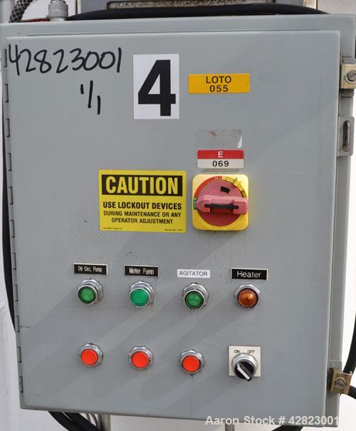 Used Blommer Chocolate Machinery Melt Tank, 350 Gallon, Carbon Steel. Approximately 52’’ diameter x 40’’ deep, flat top with a bolt on agitator bridge, and (2) 304 stainless steel 1/3 hinged covers, ...