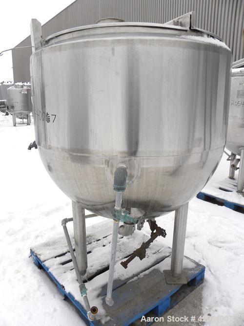 Used Mueller Kettle, 250 Gallon, Model F, Hastelloy C-276, vertical. 48" diameter x 45" deep. Open top with (2) 1/3 covers, dimple jacketed hemispherical bottom, rated 40 psi at 300 deg F. Provision ...