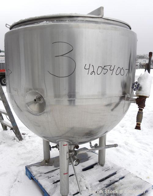 Used Mueller Kettle, 250 Gallon, Model F, Hastelloy C-276, vertical. 48" diameter x 45" deep. Open top with (2) 1/3 covers, dimple jacketed hemispherical bottom, rated 40 psi at 300 deg F. Provision ...