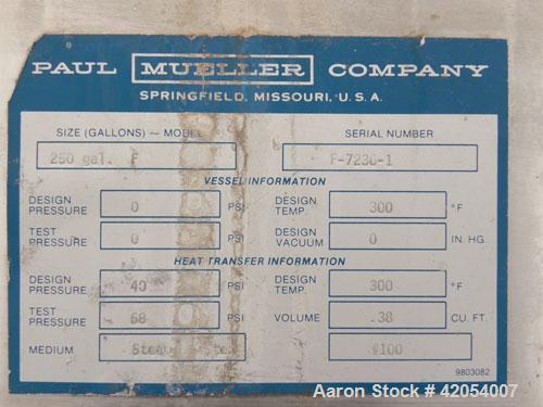 Used Mueller Kettle, 250 Gallon, Model F, Hastelloy C-276, vertical. 48" diameter x 45" deep. Open top with (2) 1/3 covers, dimple jacketed hemispherical bottom, rated 40 psi at 300 deg F. Provision ...