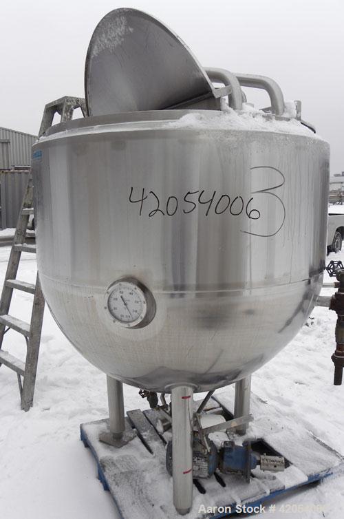 Used Mueller Kettle, 250 Gallon, Hastelloy C-276, vertical. 48" diameter x 45" deep. Open top with (2) 1/3 covers, dimple jacketed hemispherical bottom, rated 40 psi at 300 deg F. Fixed top mounted s...