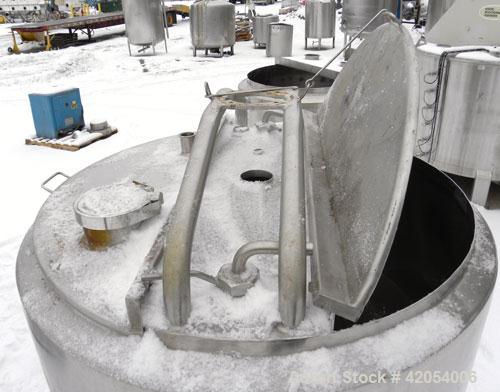 Used Mueller Kettle, 250 Gallon, Hastelloy C-276, vertical. 48" diameter x 45" deep. Open top with (2) 1/3 covers, dimple jacketed hemispherical bottom, rated 40 psi at 300 deg F. Fixed top mounted s...
