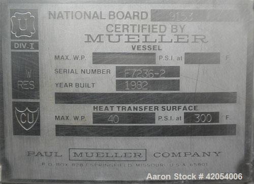 Used Mueller Kettle, 250 Gallon, Hastelloy C-276, vertical. 48" diameter x 45" deep. Open top with (2) 1/3 covers, dimple jacketed hemispherical bottom, rated 40 psi at 300 deg F. Fixed top mounted s...