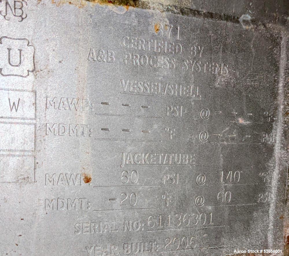 Used A&B Process Systems 400 Gallon Jacketed Tank, 304 Stainless Steel,