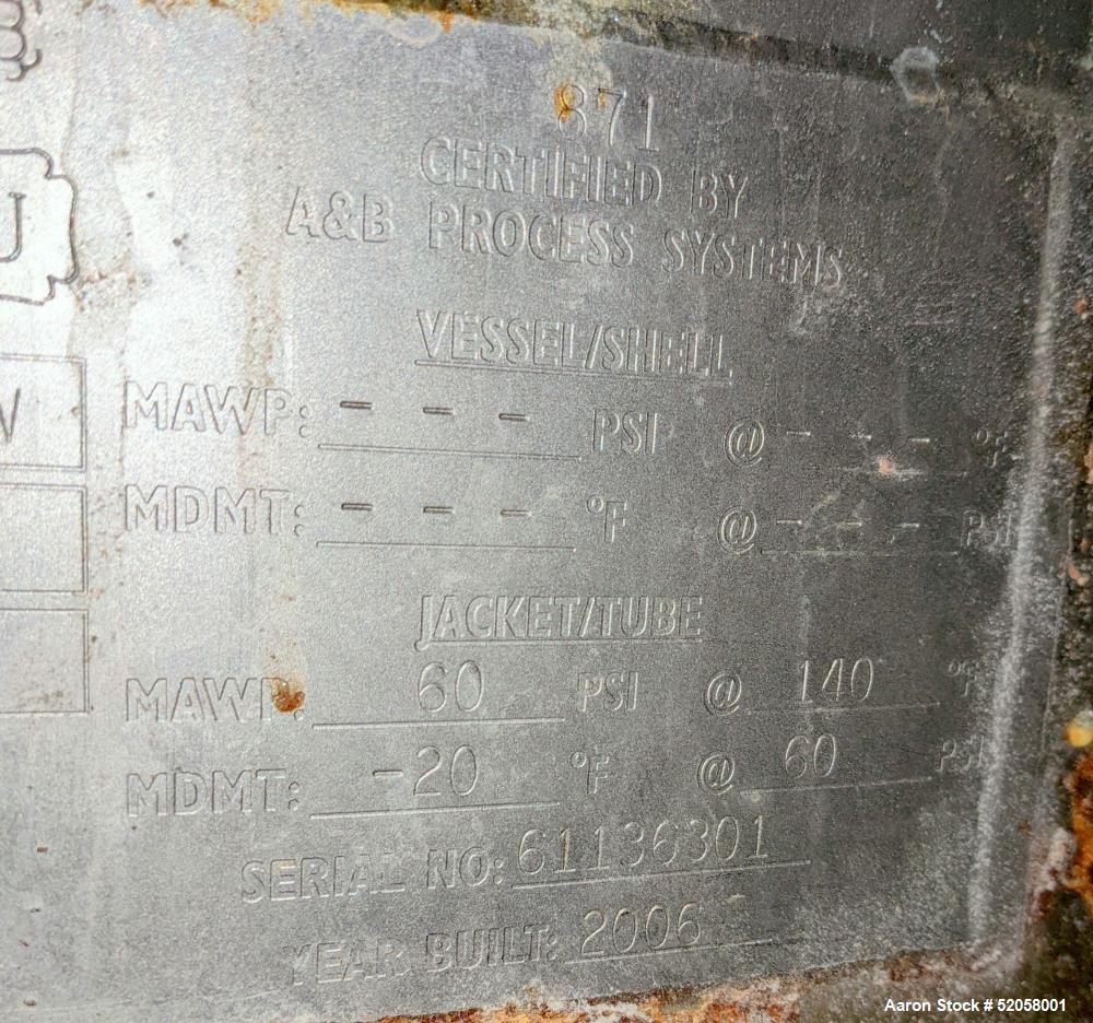 Used A&B Process Systems 400 Gallon Jacketed Tank, 304 Stainless Steel,