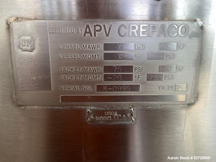 Used- APV Crepaco Cooker / Kettle, Approximate 400 Gallon, Stainless Steel, Vertical. Flat top, coned bottom. Jacket rated 7...