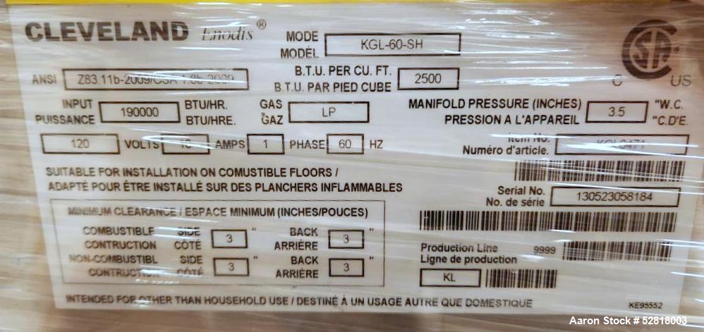 Used Cleveland KGL-60-SH Short Series Natural Gas 60 Gallon Stationary Full Stea