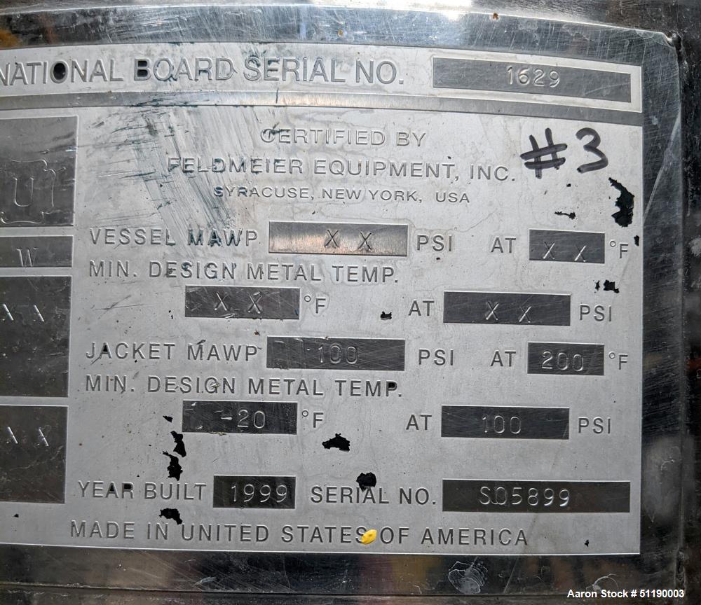 Used Feldmeier 90 Gallon Jacketed Tank, Stainless Steel, Vertical.