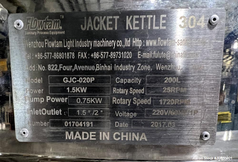 Flowtam Sanitary Process Equipment Kettle, Model GJC-020P