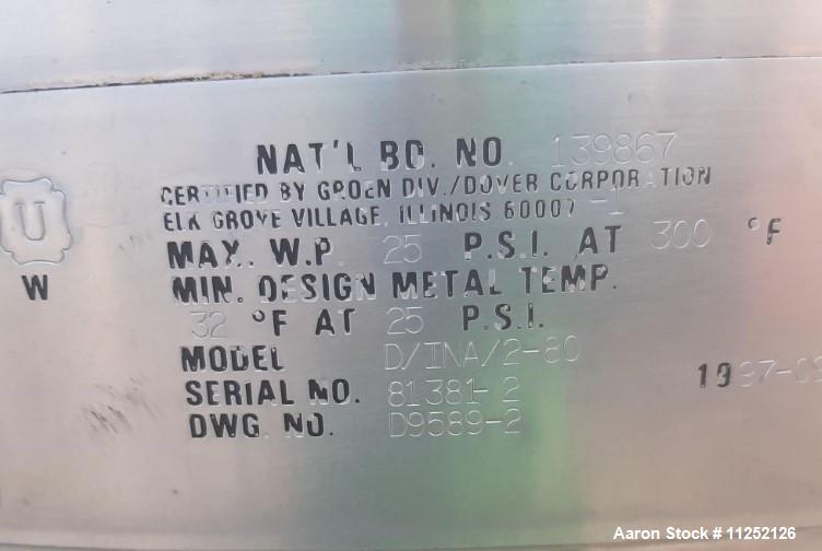 Used Groen Model D/INA/2-80, 80 Gallon Scrape Surface Agitated Kettle