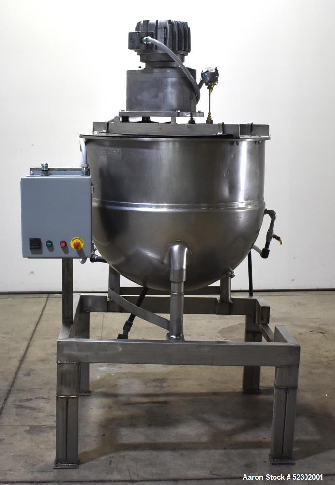 Used Groen 100 Gallon Mix Kettle, Model N-100 SP, Stainless Steel, Vertical. Approximate 36" diameter x 30" deep. Flat top, hemispherical bottom. Jacket rated 45 psi at 300 degrees F. Top center ente...
