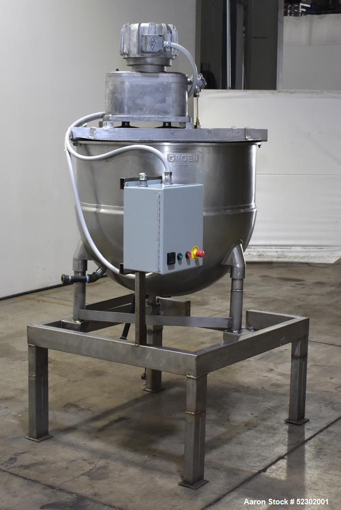 Used Groen 100 Gallon Mix Kettle, Model N-100 SP, Stainless Steel, Vertical. Approximate 36" diameter x 30" deep. Flat top, hemispherical bottom. Jacket rated 45 psi at 300 degrees F. Top center ente...