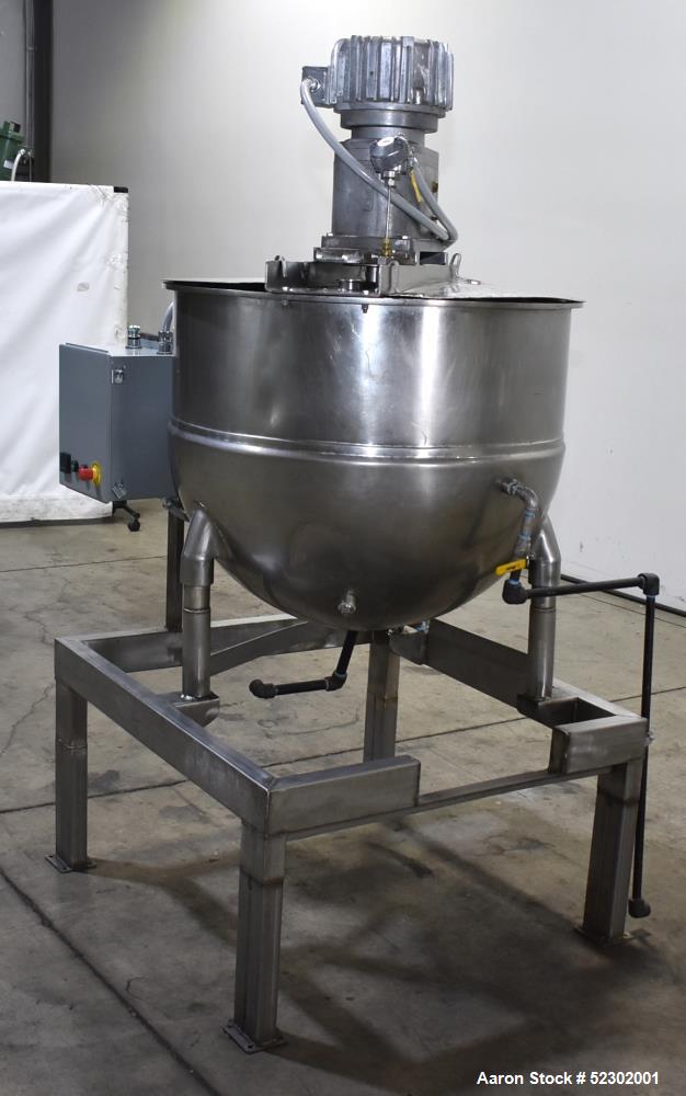Used Groen 100 Gallon Mix Kettle, Model N-100 SP, Stainless Steel, Vertical. Approximate 36" diameter x 30" deep. Flat top, hemispherical bottom. Jacket rated 45 psi at 300 degrees F. Top center ente...