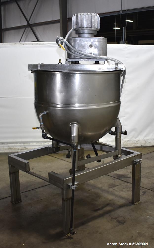 Used Groen 100 Gallon Mix Kettle, Model N-100 SP, Stainless Steel, Vertical. Approximate 36" diameter x 30" deep. Flat top, hemispherical bottom. Jacket rated 45 psi at 300 degrees F. Top center ente...