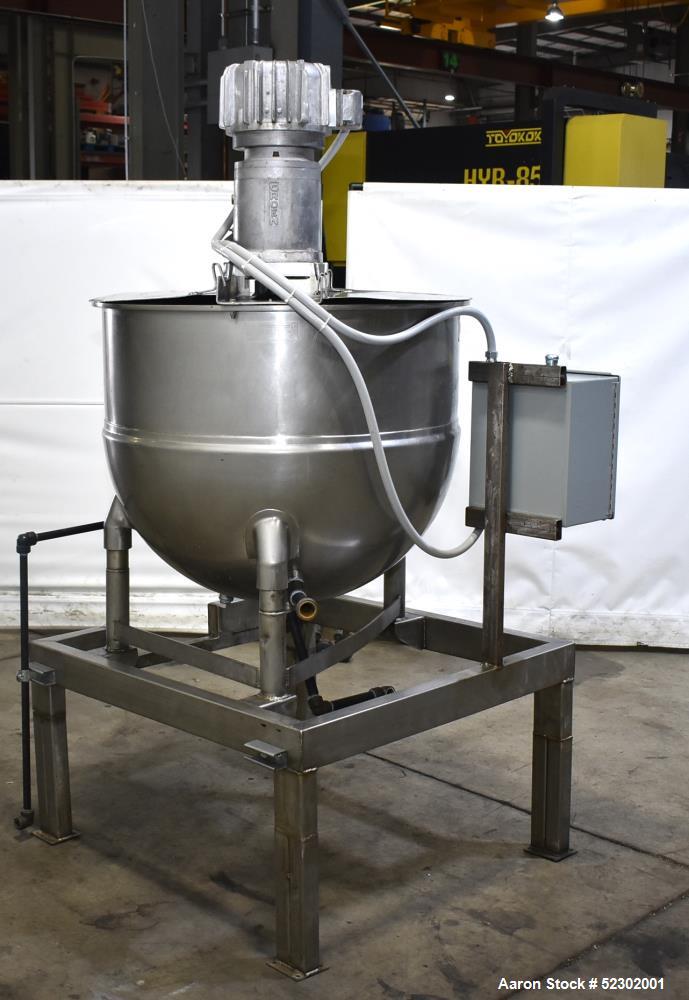 Used Groen 100 Gallon Mix Kettle, Model N-100 SP, Stainless Steel, Vertical. Approximate 36" diameter x 30" deep. Flat top, hemispherical bottom. Jacket rated 45 psi at 300 degrees F. Top center ente...