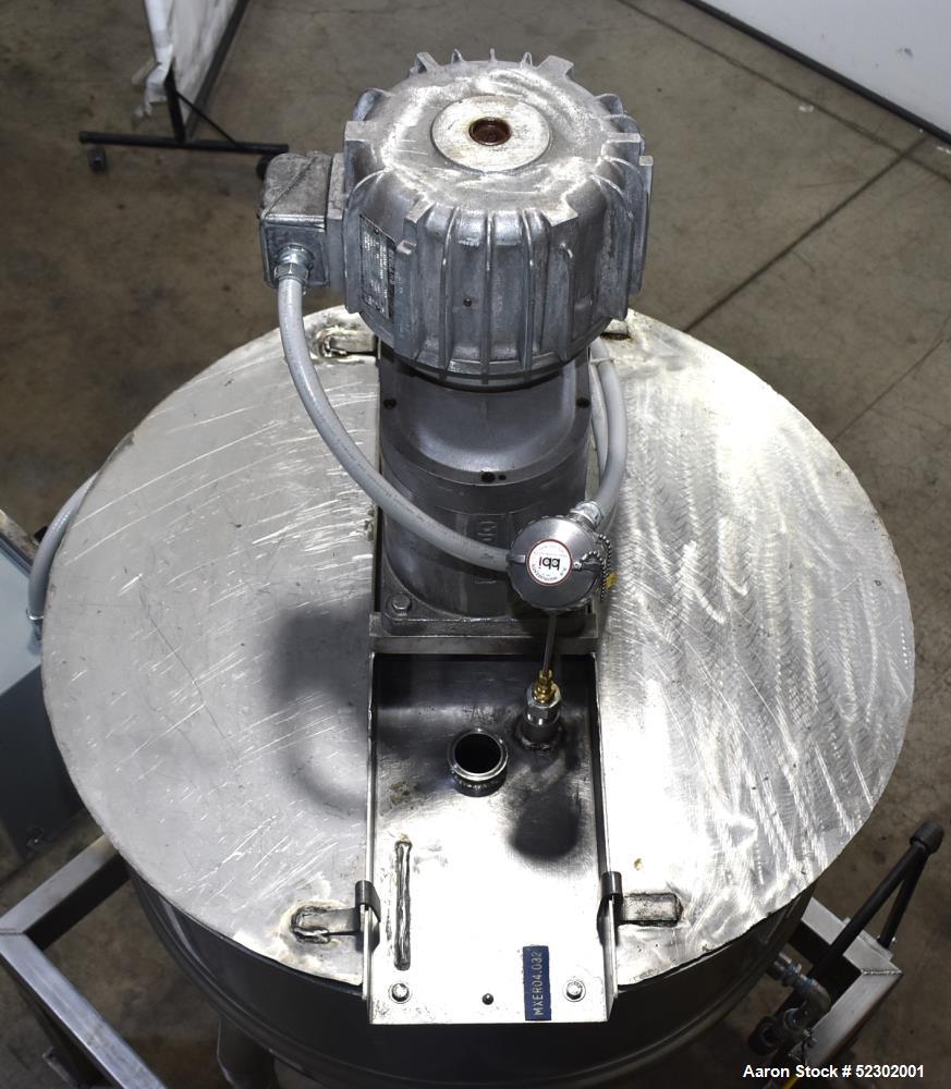 Used Groen 100 Gallon Mix Kettle, Model N-100 SP, Stainless Steel, Vertical. Approximate 36" diameter x 30" deep. Flat top, hemispherical bottom. Jacket rated 45 psi at 300 degrees F. Top center ente...