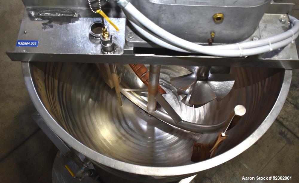 Used Groen 100 Gallon Mix Kettle, Model N-100 SP, Stainless Steel, Vertical. Approximate 36" diameter x 30" deep. Flat top, hemispherical bottom. Jacket rated 45 psi at 300 degrees F. Top center ente...