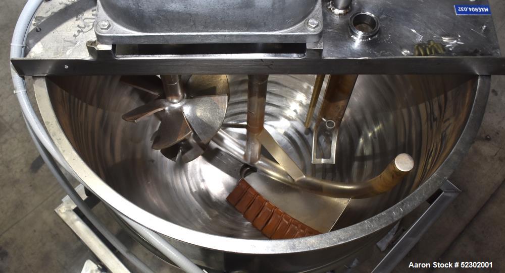 Used Groen 100 Gallon Mix Kettle, Model N-100 SP, Stainless Steel, Vertical. Approximate 36" diameter x 30" deep. Flat top, hemispherical bottom. Jacket rated 45 psi at 300 degrees F. Top center ente...