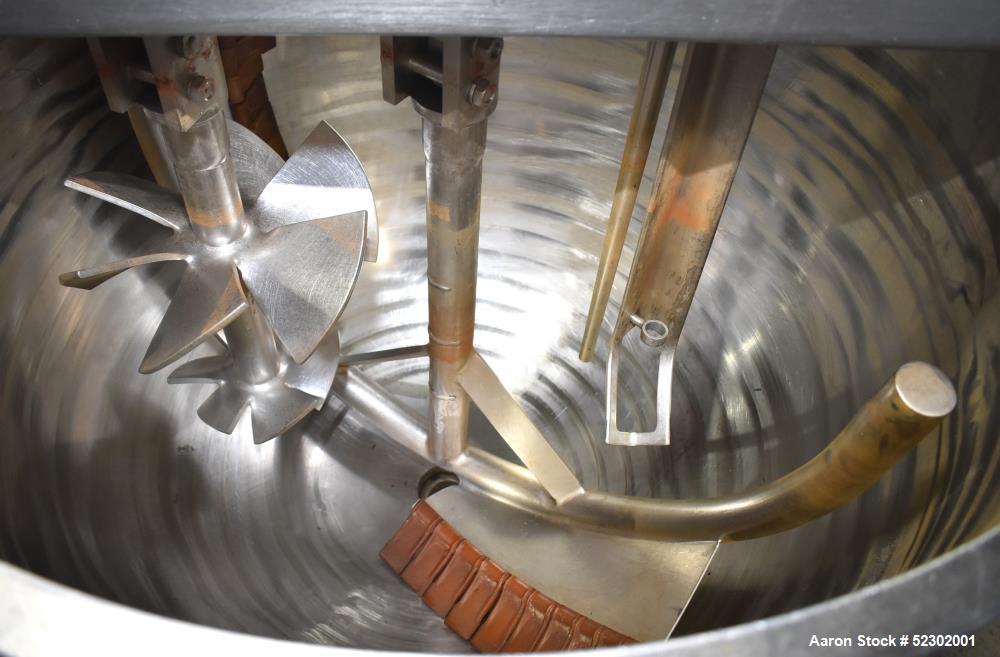 Used Groen 100 Gallon Mix Kettle, Model N-100 SP, Stainless Steel, Vertical. Approximate 36" diameter x 30" deep. Flat top, hemispherical bottom. Jacket rated 45 psi at 300 degrees F. Top center ente...