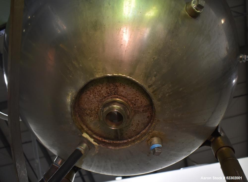 Used Groen 100 Gallon Mix Kettle, Model N-100 SP, Stainless Steel, Vertical. Approximate 36" diameter x 30" deep. Flat top, hemispherical bottom. Jacket rated 45 psi at 300 degrees F. Top center ente...