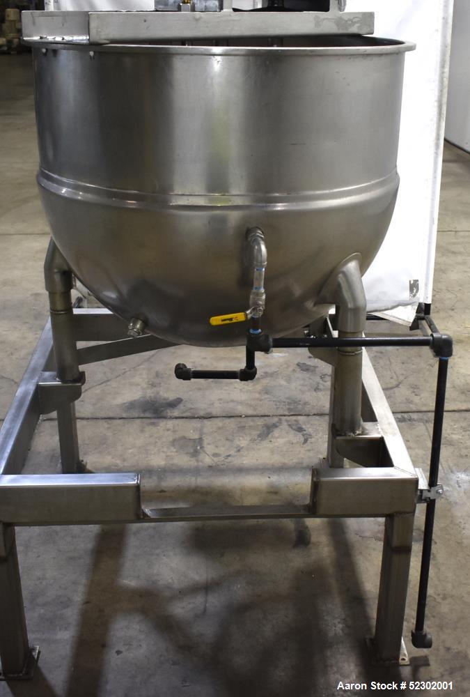 Used Groen 100 Gallon Mix Kettle, Model N-100 SP, Stainless Steel, Vertical. Approximate 36" diameter x 30" deep. Flat top, hemispherical bottom. Jacket rated 45 psi at 300 degrees F. Top center ente...
