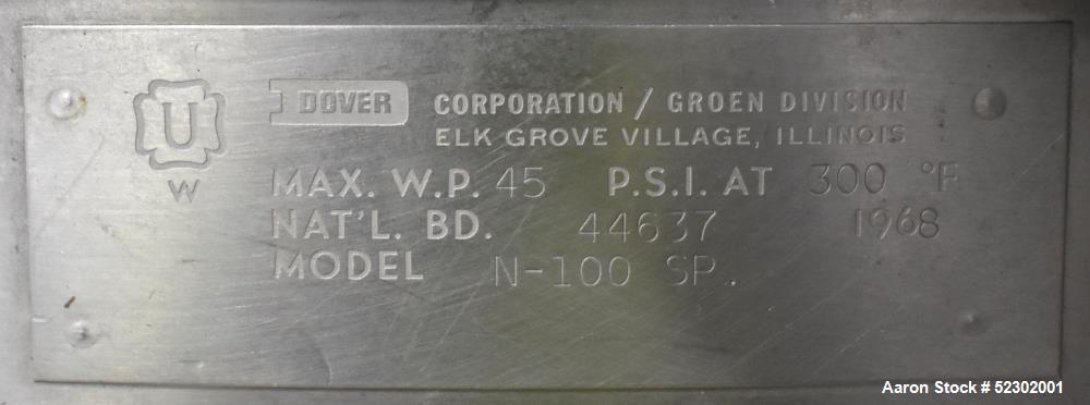 Used Groen 100 Gallon Mix Kettle, Model N-100 SP, Stainless Steel, Vertical. Approximate 36" diameter x 30" deep. Flat top, hemispherical bottom. Jacket rated 45 psi at 300 degrees F. Top center ente...