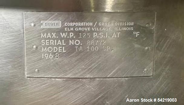 Used Groen Kettle, 100 Gallon capacity, Model TA100 SP, Anchor style agitator.