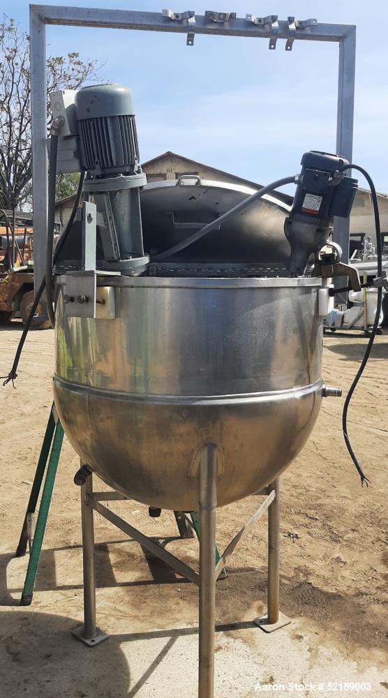 Used Groen 150 Gallon Stainless Steel Agitated Kettle, Model 150. Approximate 42" diameter x 32" deep. Flat top with covers and hinged lid, hemispherical bottom. Jacket rated 80 psi working pressure ...